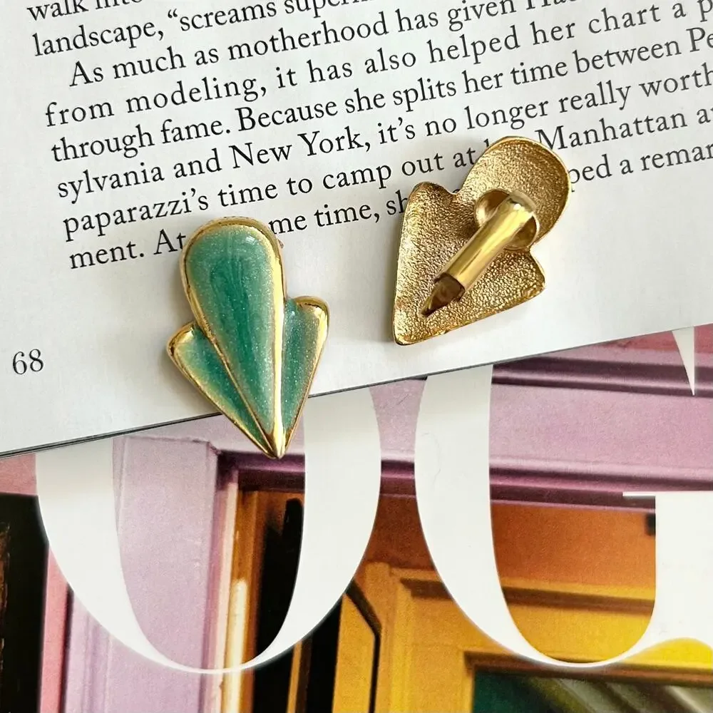Art Deco Style Vintage Retro Green Enamel Golden Tone Clip-On Earrings